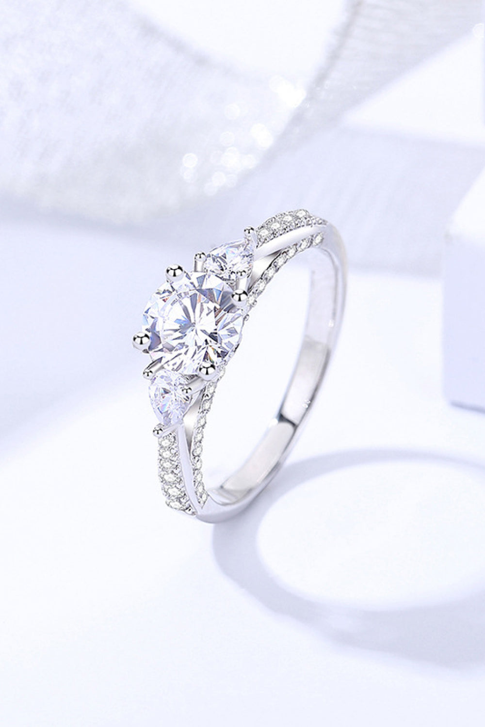 Ethereal Elegance Three Stone Engagement Platinum Ring with 1 Carat Round Lab Moissanite Diamond