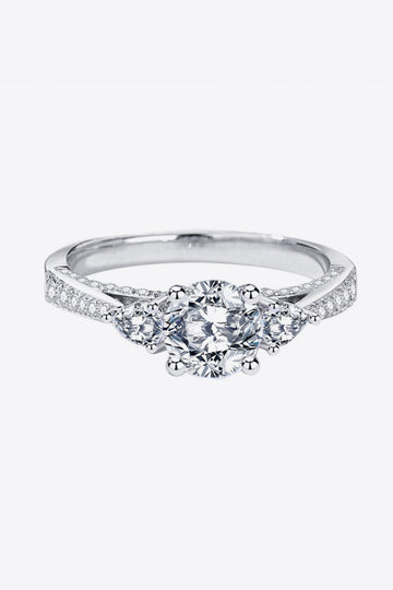 Ethereal Elegance Three Stone Engagement Platinum Ring with 1 Carat Round Lab Moissanite Diamond